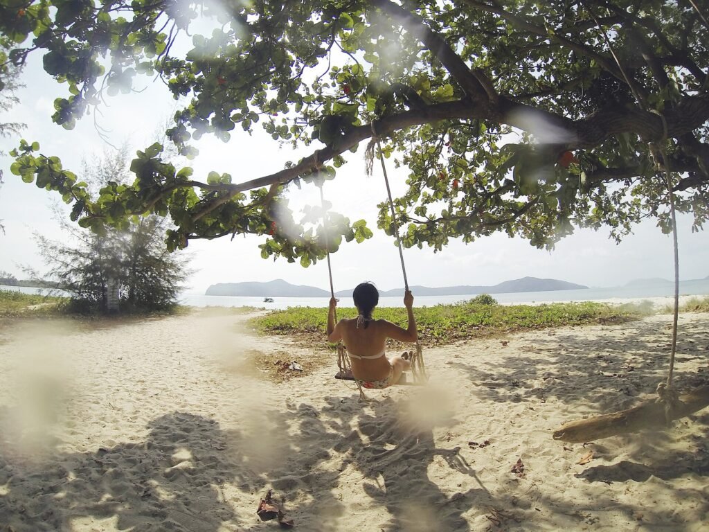Swing hanging from a tree above a tropical beach on Koh Samui